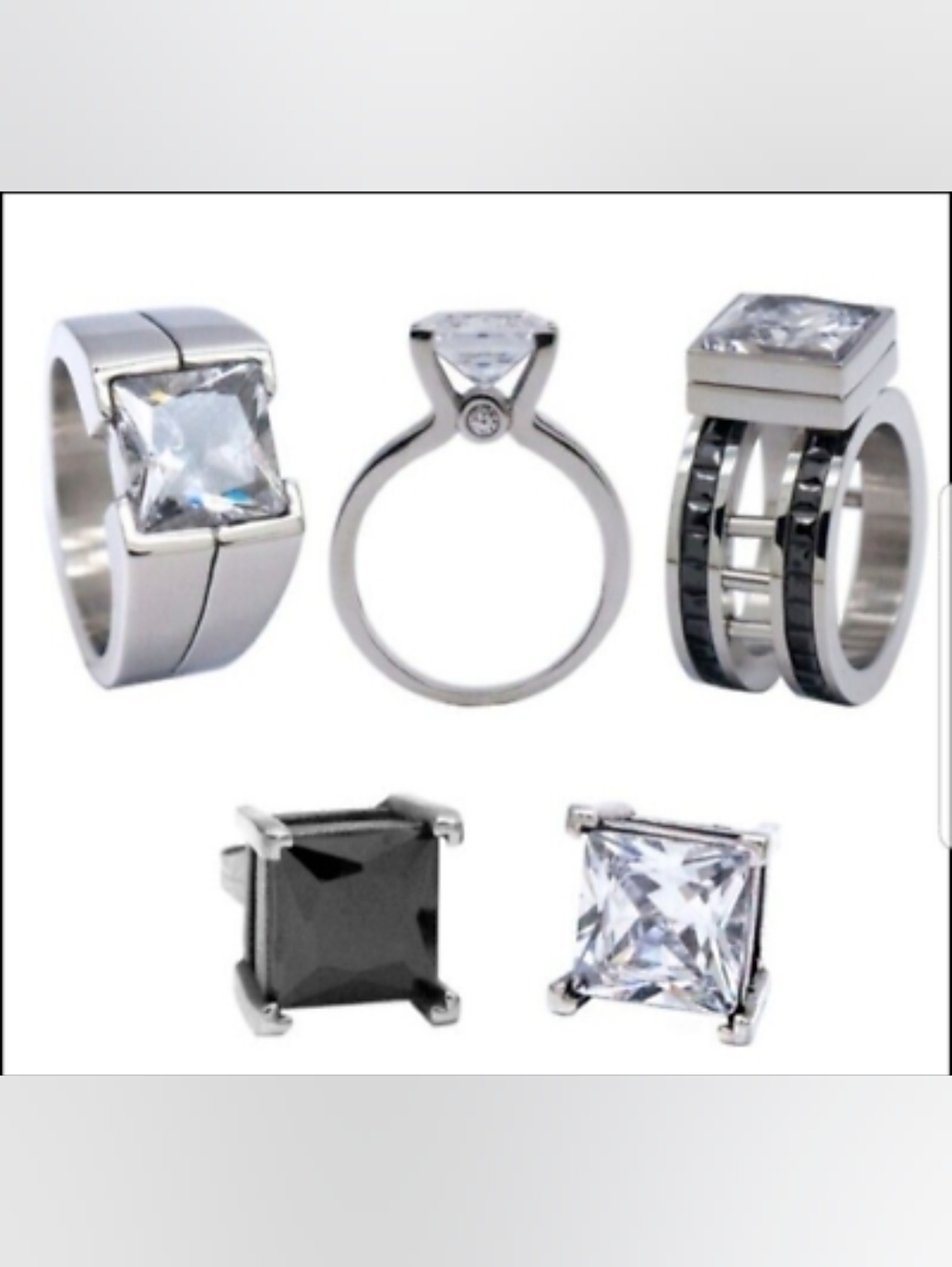 Silver-Tone Square CZ Ring Set with Black and Clear Stones
